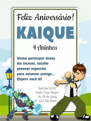 Convite de Aniversário Ben 10 com Personagens para Editar Online