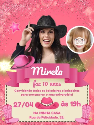 Convite de Aniversário Boiadeira com Foto para Editar Online