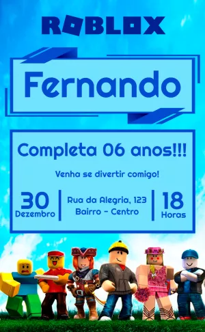 Convite de Aniversário Roblox Azul com Personagens para Editar