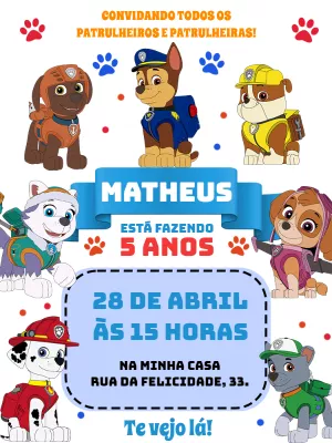Invito di compleanno Paw Patrol – Statico – Pedro Henrique
