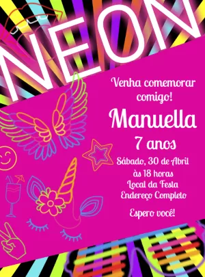 Convite de Aniversário Neon Unicórnio para Editar e Imprimir