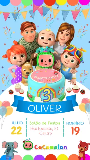 Convite de Aniversário Cocomelon com Personagens para Editar