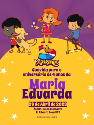 Convite de Aniversário 3 Palavrinhas para Editar Online