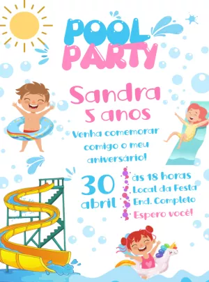 Convite de Aniversário Pool Party Infantil para Editar Online