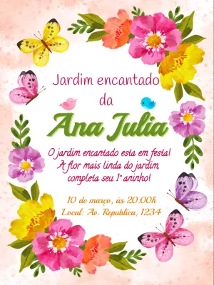 Convite de Aniversário Jardim Encantado Floral para Editar Online