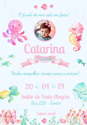 Convite Aniversário Fundo do Mar Aquarela com Foto para Editar