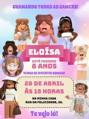 Convite de Aniversário Roblox Girl com Foto para Editar Online