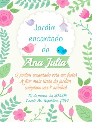 Convite Aniversário Jardim Encantado com Passarinhos para Editar