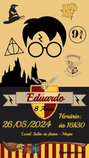 Convite Aniversário Harry Potter com Elementos Mágicos para Editar