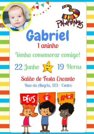 Convite Aniversário 3 Palavrinhas com Foto para Editar Online