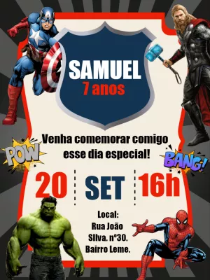 Convite de Aniversário Vingadores com Heróis para Editar