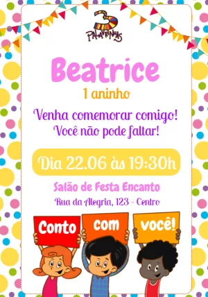 Convite Aniversário 3 Palavrinhas para Editar Online