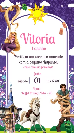 Convite de Aniversário Rapunzel Editável com Personagens