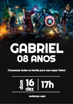 Convite Aniversário Vingadores com Heróis para Editar Online
