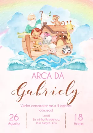 Convite Aniversário Arca de Noé com Animais para Editar Online