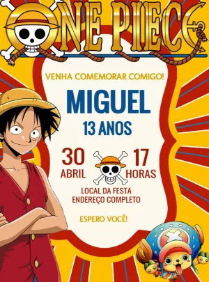 Convite de Aniversário One Piece com Personagens para Editar