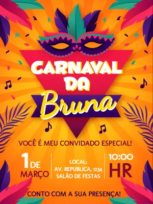 Convite Aniversário Carnaval com Máscaras para Editar Online