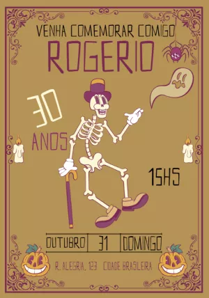 Convite Aniversário Halloween Vintage com Esqueleto para Editar