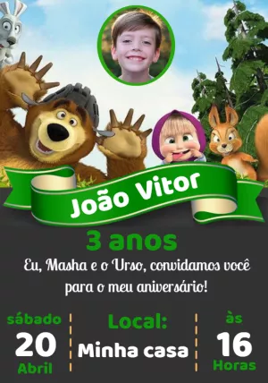 Convite Aniversário Masha e o Urso com Foto para Editar