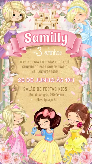 Convite de Aniversário Princesas Fofas para Editar Online