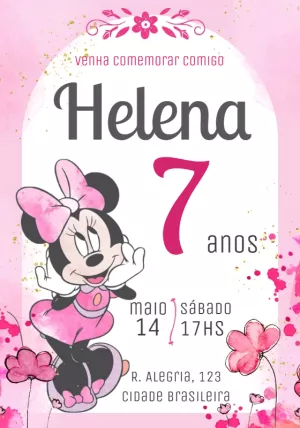 Convite Aniversário Minnie Rosa Aquarela para Editar Online
