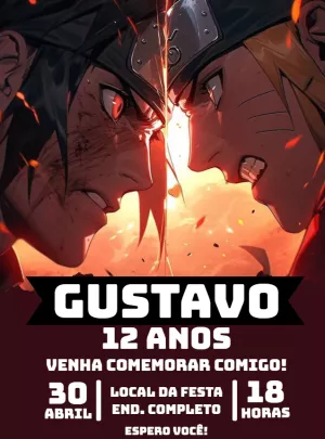Convite de Aniversário Naruto e Sasuke para Editar Online