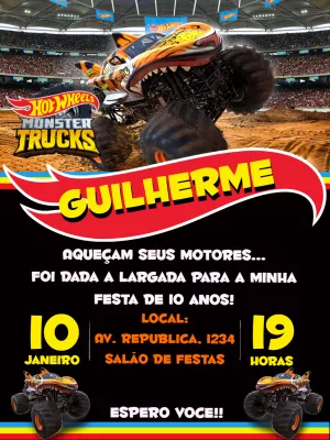 Convite de Aniversário Hot Wheels Monster Trucks para Editar