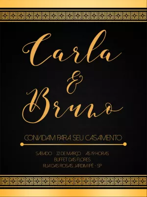 Convite de Casamento Elegante Preto e Dourado para Editar Online