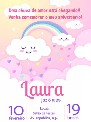 Convite Aniversário Chuva de Amor com Nuvens para Editar Online