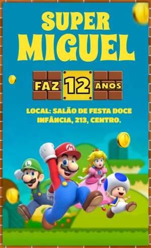 Convite Aniversário Super Mario com Personagens para Editar