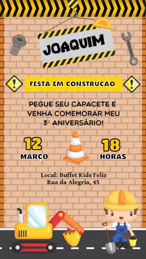 Convite Aniversário Construção com Trator para Editar Online