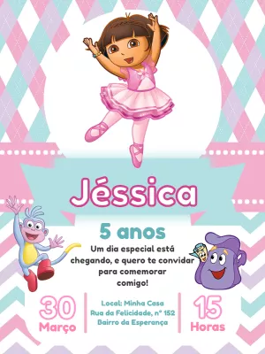 Convite de Aniversário Dora Bailarina para Editar Online
