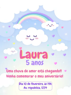 Convite Aniversário Chuva de Amor com Nuvens para Editar
