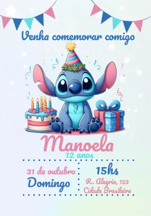 Convite Aniversário Stitch Fofo para Editar e Imprimir
