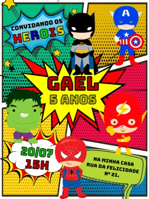 Convite Aniversário Super-Heróis Quadrinhos para Editar Online