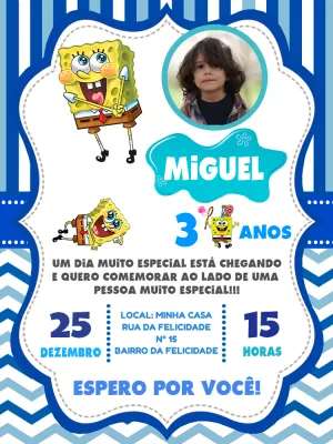 Convite Aniversário Bob Esponja com Foto para Editar Online