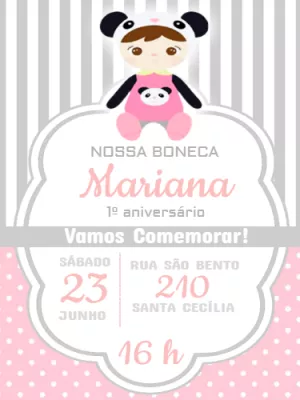 Convite Aniversário Boneca Metoo para Editar Online
