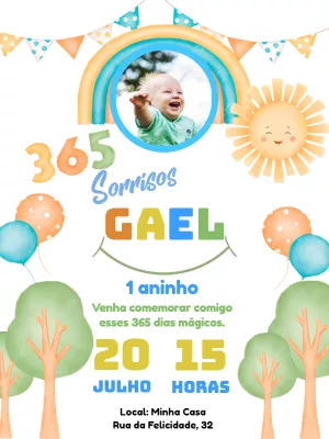 Convite de Aniversário 365 Sorrisos com Foto para Editar Online