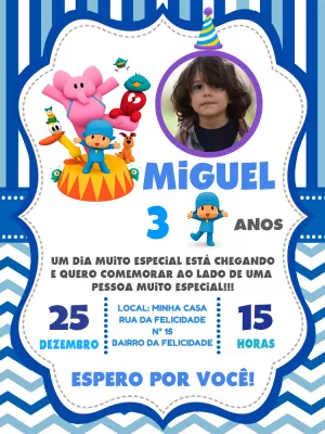 Convite de Aniversário Pocoyo com Foto para Editar Online