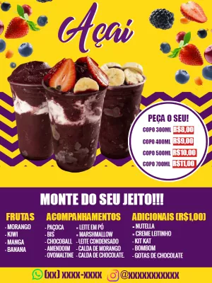 Folheto de Açaí com Preços e Acompanhamentos para Editar