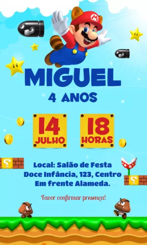 Convite Aniversário Mario Bros para Editar Online