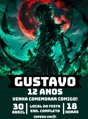 Convite de Aniversário Demon Slayer com Sanemi para Editar
