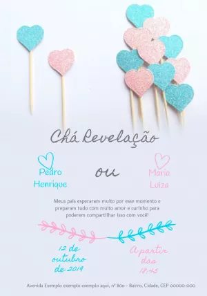 Convite Chá Revelação Corações de Glitter para Editar Online