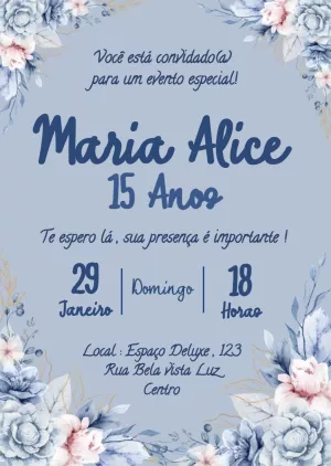 Convite de 15 Anos Floral Azul Delicado para Editar Online