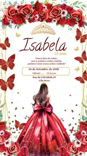 Convite 15 Anos Princesa Vestido Vermelho para Editar Online