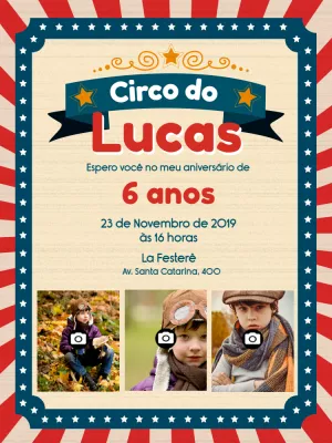 Convite de Aniversário Circo com Foto para Editar Online