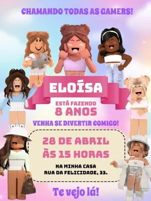 Convite Aniversário Roblox Menina Gamer para Editar Online