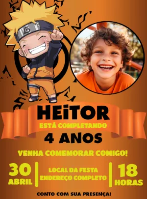 Convite Aniversário Naruto Chibi com Foto para Editar Online