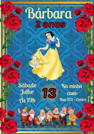 Convite de Aniversário Branca de Neve com os Anões para Editar