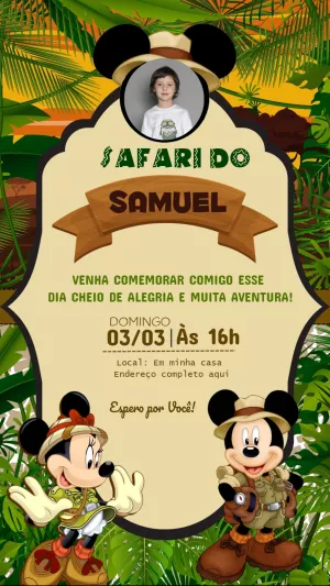 Convite Aniversário Safari do Mickey com Foto para Editar Online